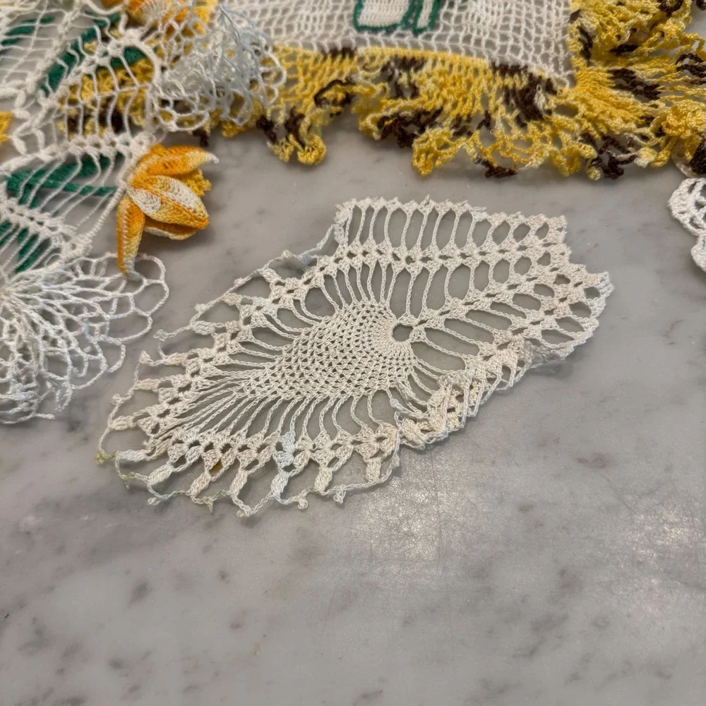 Vintage Handmade Crochet Doily Lot 11pc Floral 3D Green White Yellow Lace Set